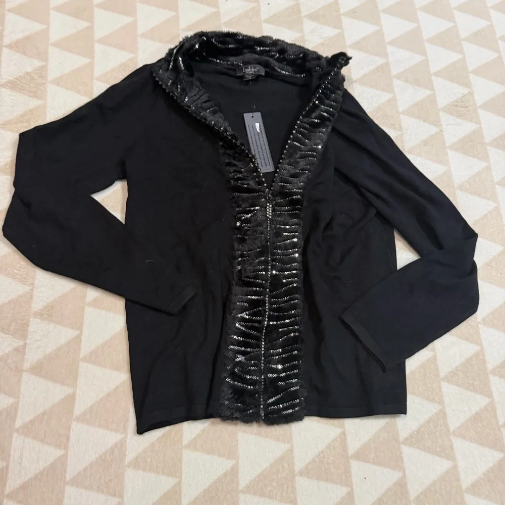Belldini Black Label Women’s Faux Fur Trim Rhinestone-Zip Cardigan Sweater